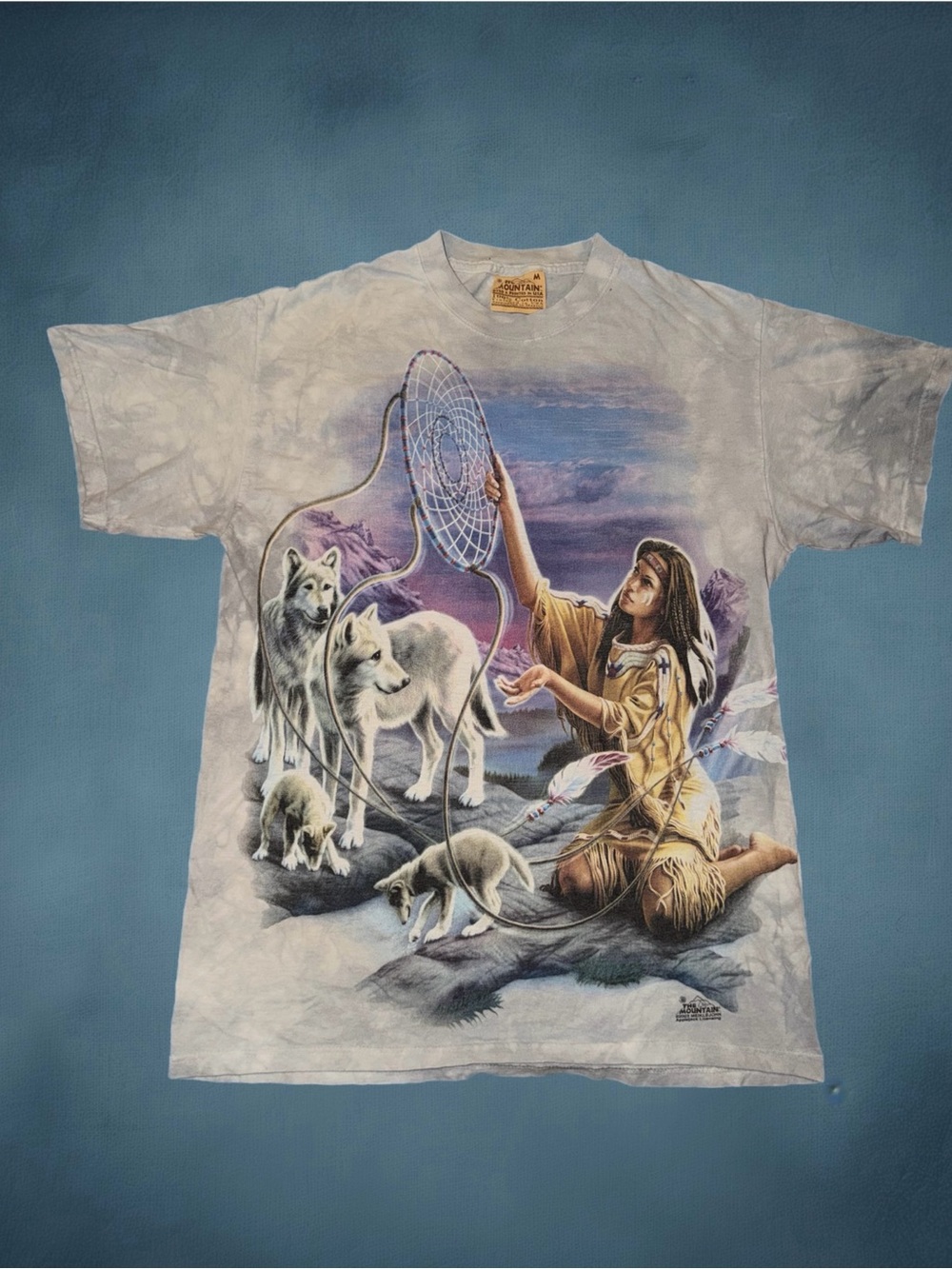 Vintage 2003 Native American Dreamcatcher Wolves Graphic tie dye shirt